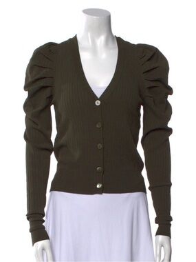 Autumn Cashmere Olive Puff-Sleeve Ribbed V-Neck Cardigan